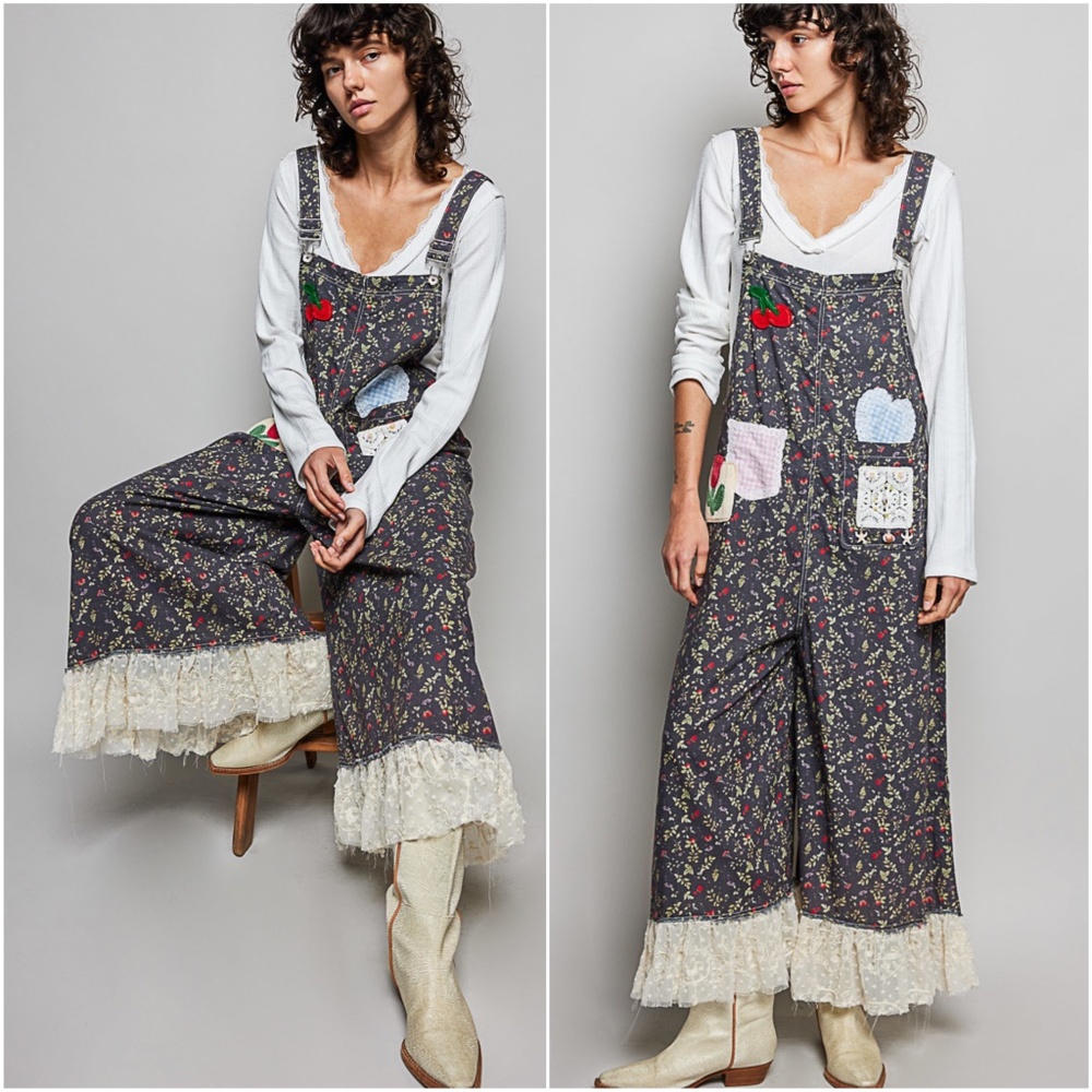POL Black Floral Heart Plaid Cherry Patch Lace Hem Wide leg overalls